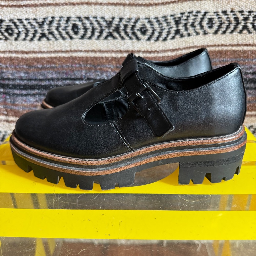 Korks Vega Mary Jane Loafers 7M Shoes Black T-Strap Chunky Lug Sole Platform
